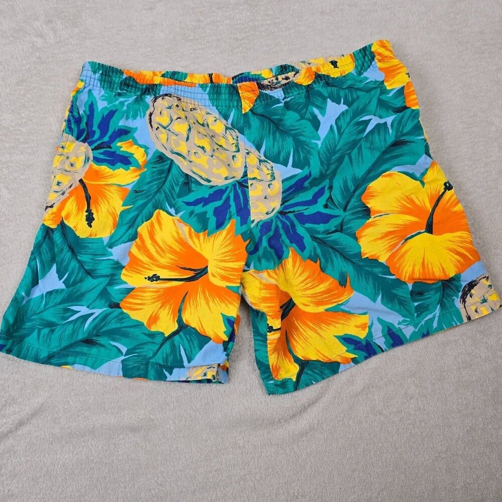 Vintage Hawaiian Shorts Mens Large 80s Tropical Floral Hawaii Summer Pineapple